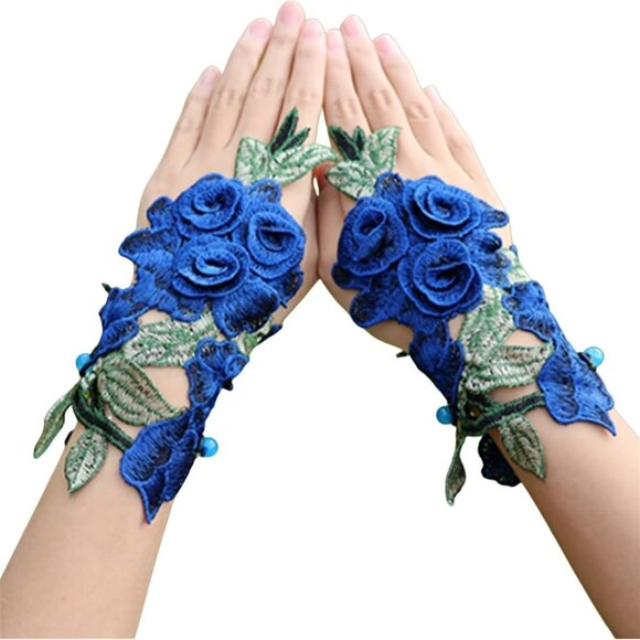 Women\'s A-B-Blue Flowers Embroidered Lace Gloves Cocktail Party Costumes